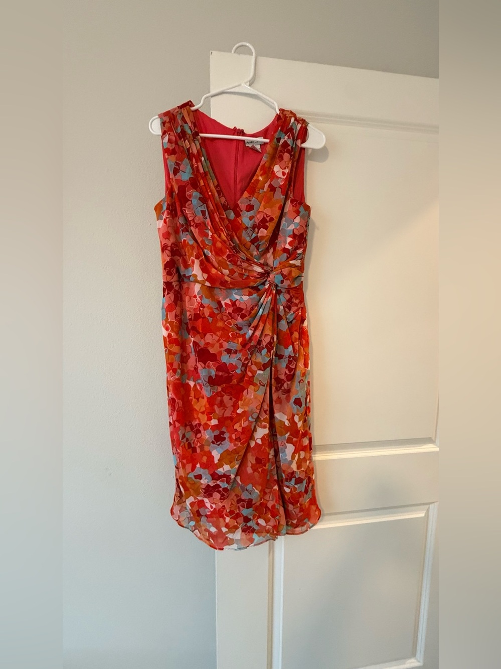 Andre Oliver Coral Red Floral Midi Dress with Knot Detail